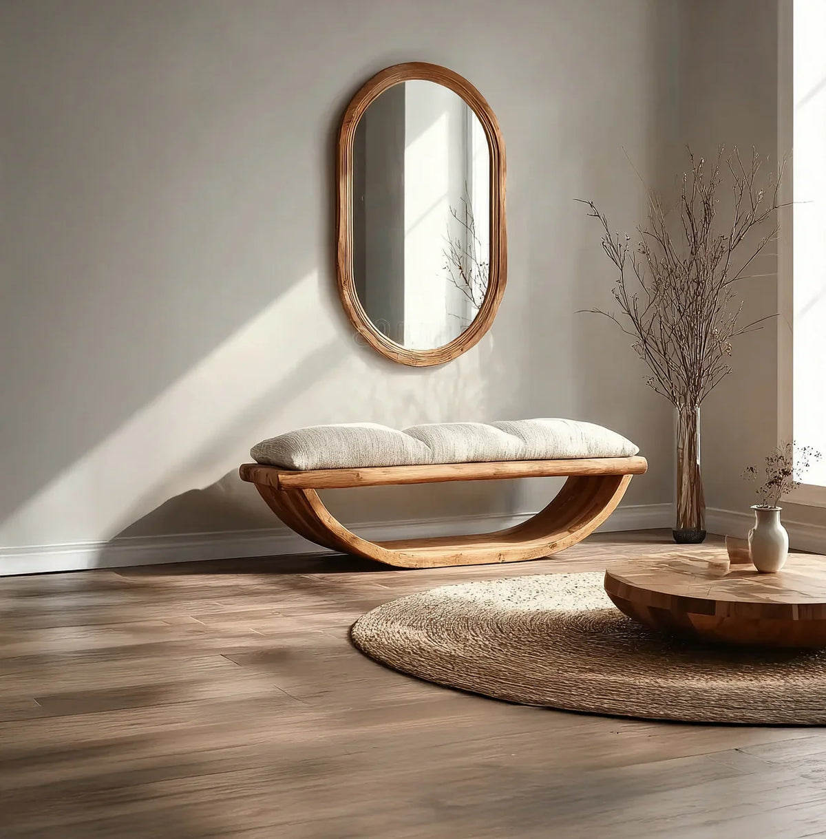 Modern living room with a live edge wood bench, oval wall mirror, round coffee table, and woven rug