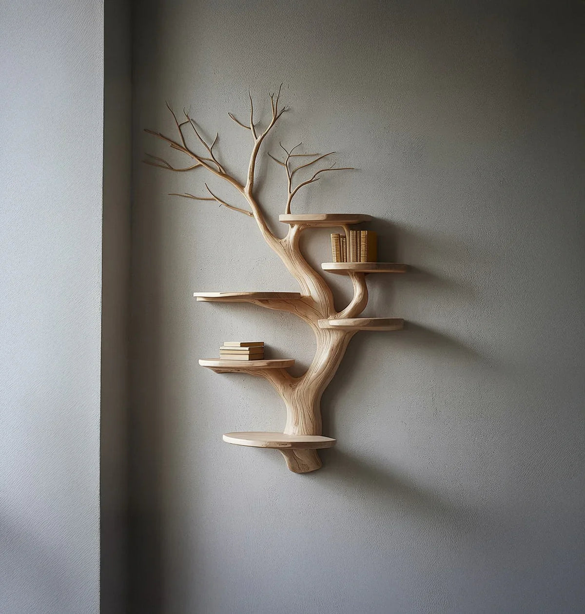 Solid wood tree bookshelf with books on floating shelves against a gray wall