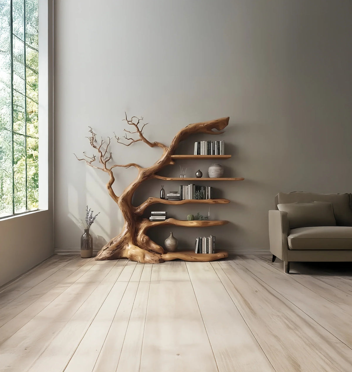 Modern living room with large window, artistic wooden tree bookshelf, and beige sofa