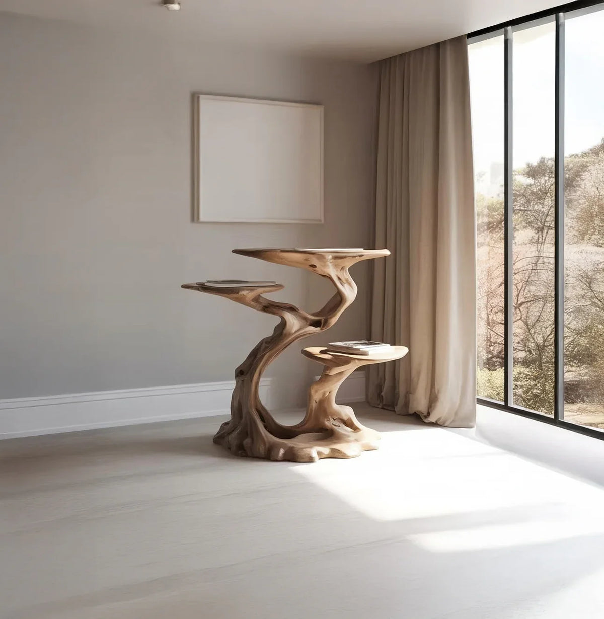 Sculpted solid wood tree bookshelf with multiple shelves in a bright, minimalist living room.