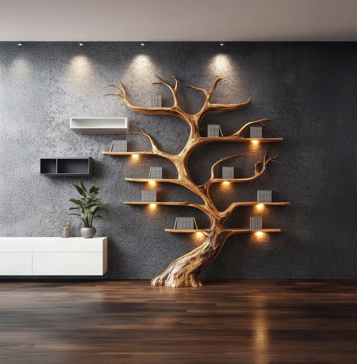 Tree-shaped solid wood bookshelf with built-in lights on a dark textured wall in modern living room