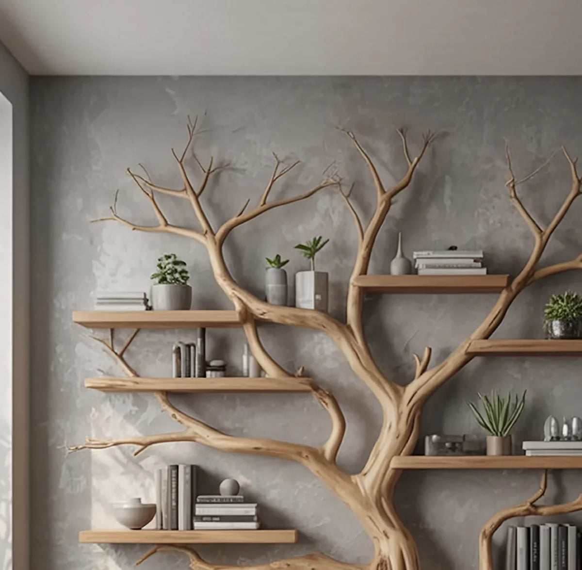 Tree-shaped wooden bookshelf with floating shelves on a gray wall, holding books and plants