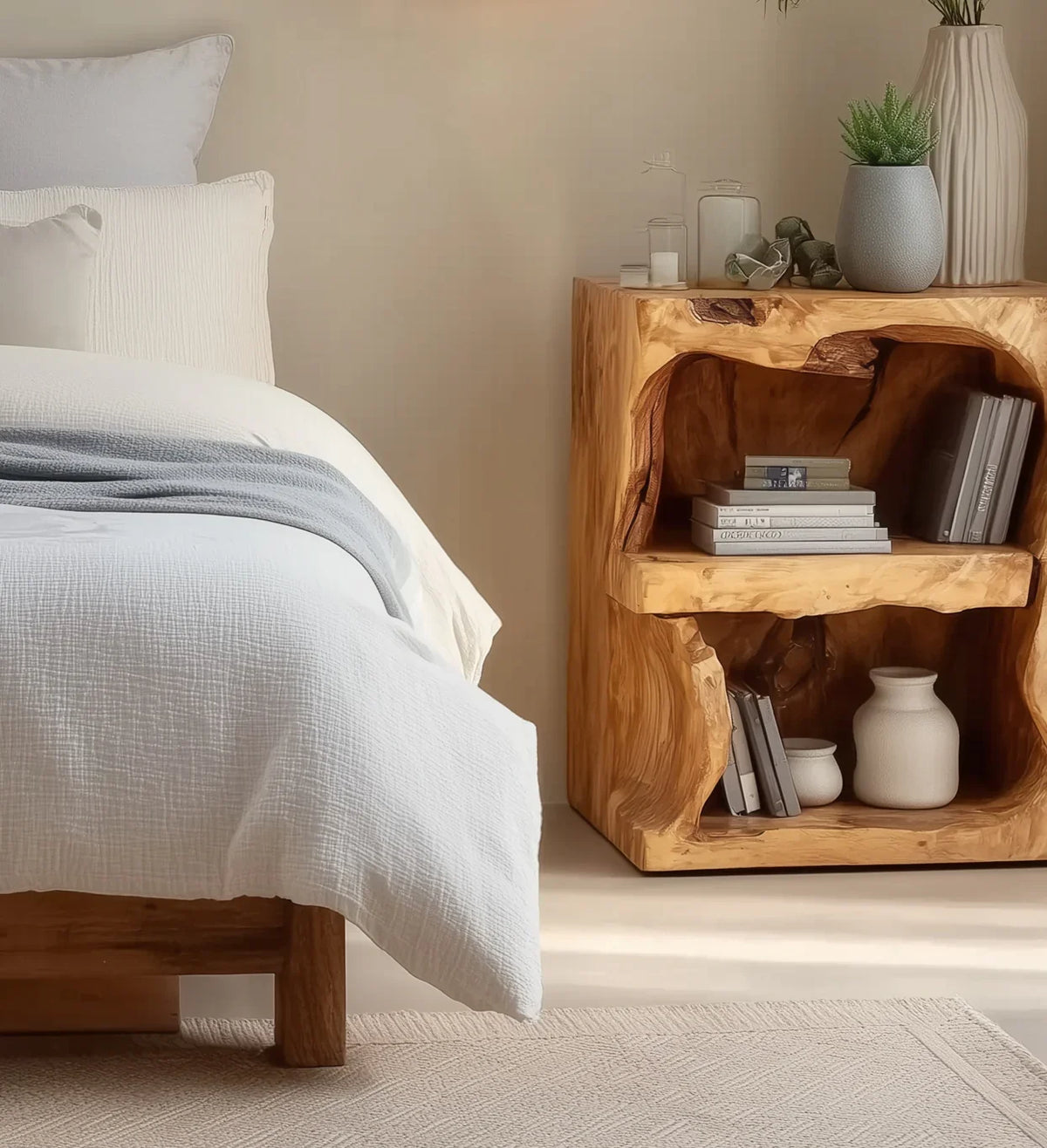 Cozy bedroom corner with white bedding and natural wooden carved nightstand decorated with books and vases