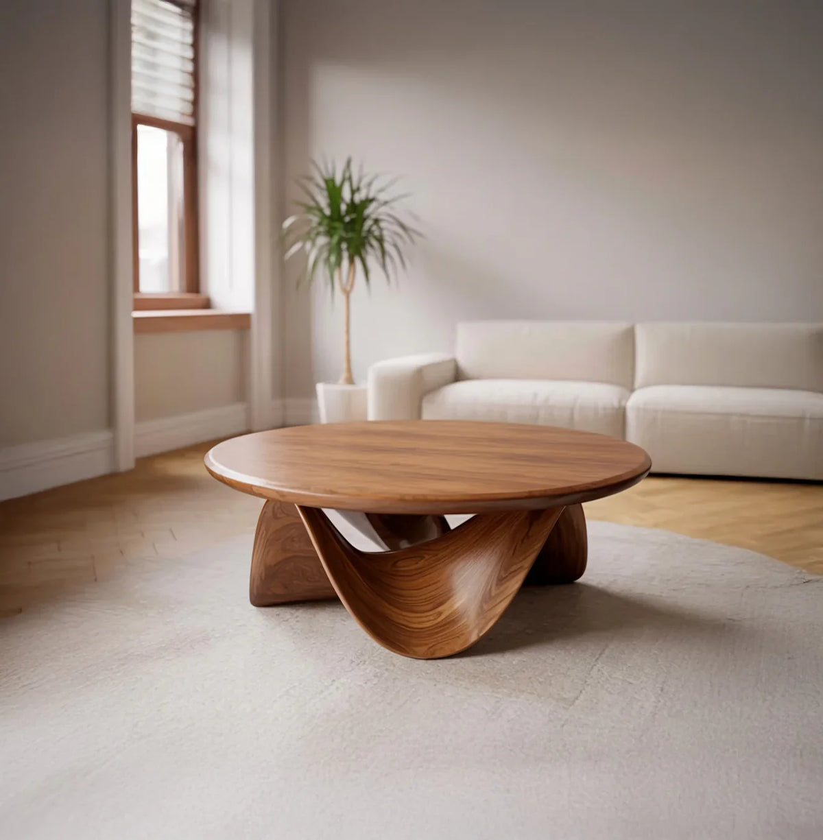 Modern solid wood coffee table with curved base in minimalist living room setting