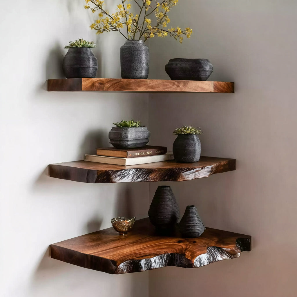 Live edge wooden floating shelves with black vases and potted plants in a modern interior