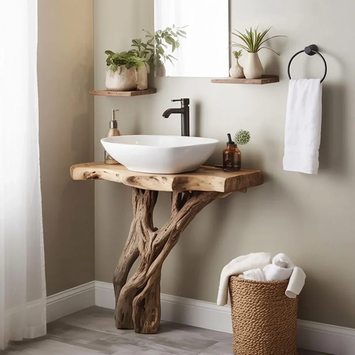Live edge solid wood bathroom vanity with vessel sink, natural decor, and floating shelves