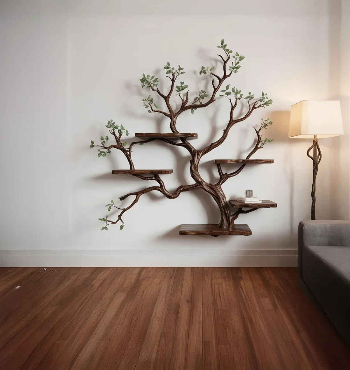 Solid wood tree bookshelf with live edge shelves against a white wall in modern living room