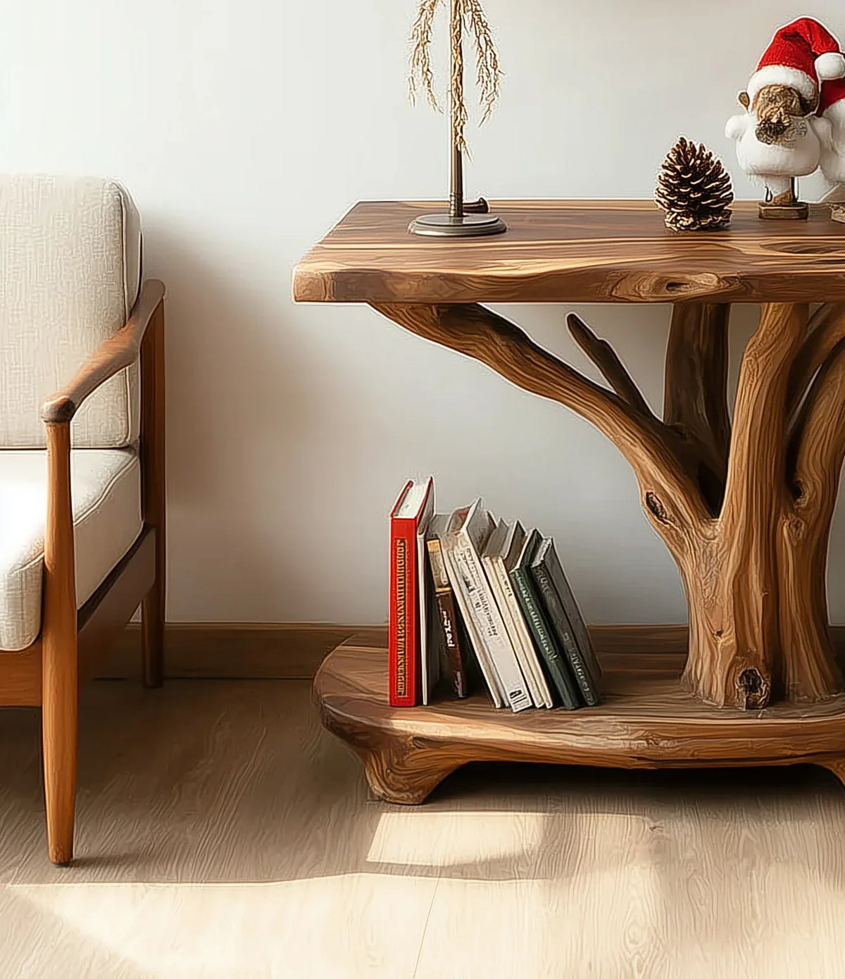 Solid wood tree bookshelf with live edge table, books, and modern decor in cozy room