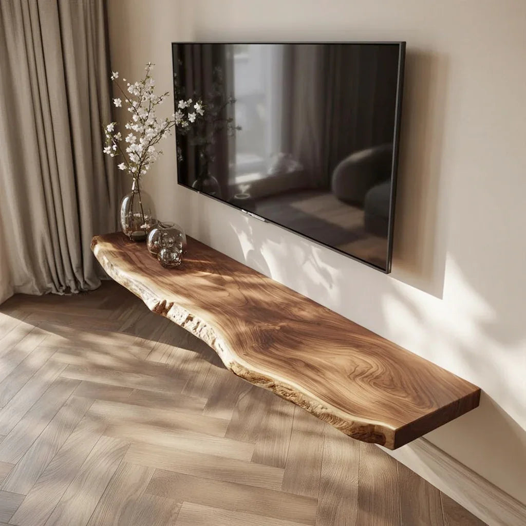 Live edge solid wood floating shelf under wall-mounted TV in modern living room