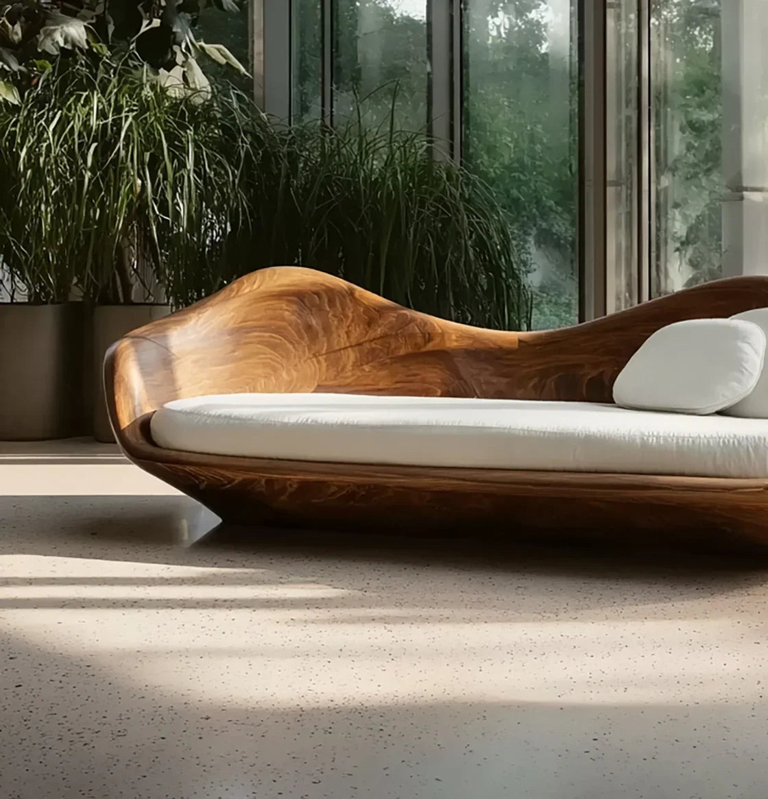Modern curved wooden lounge chair with white cushion in sunlit room with green plants
