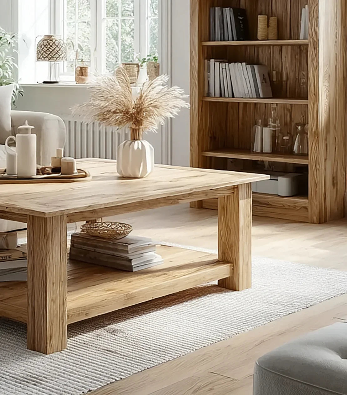 Modern living room with wooden coffee table, beige sofa, pampas grass vase, and wooden bookshelf