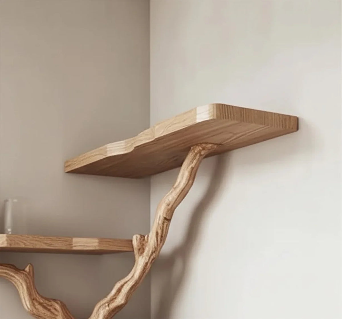 Solid wood floating shelf with a tree branch design, modern wall-mounted bookshelf