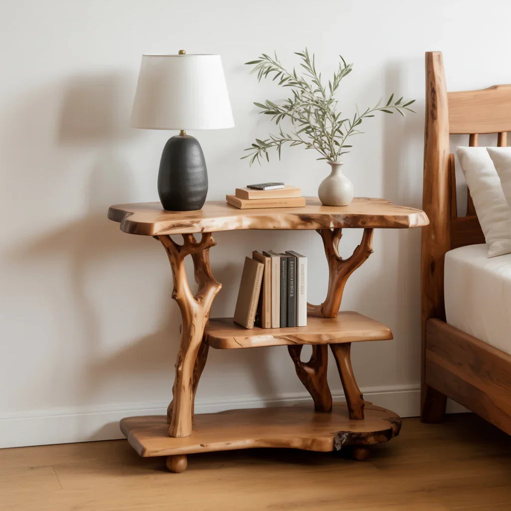 Live edge solid wood bedside table with books, lamp, and plant decor in a modern bedroom