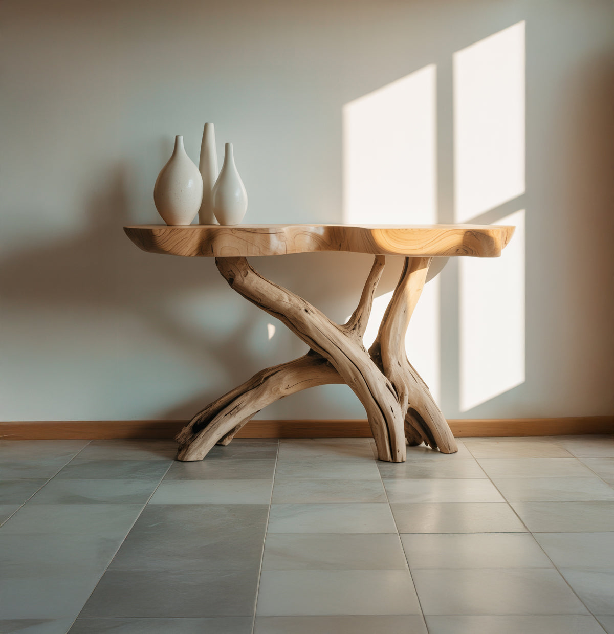 Live edge solid wood console table with natural tree branch legs and minimalist ceramic vases