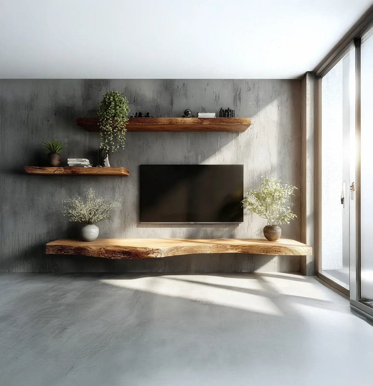 Modern living room with live edge wood floating shelves and media console, plants, TV on textured gray wall