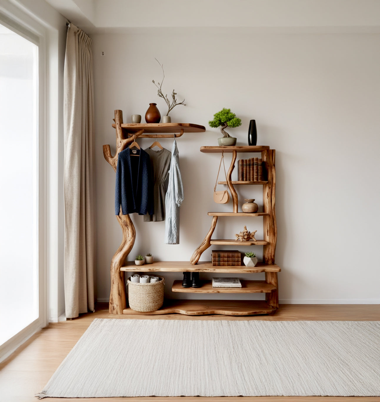 Live edge wooden tree bookshelf with hanging rack in bright, modern living room interior