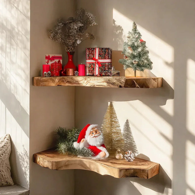 Live edge wooden floating shelves decorated with Christmas gifts, Santa figurine, mini trees.