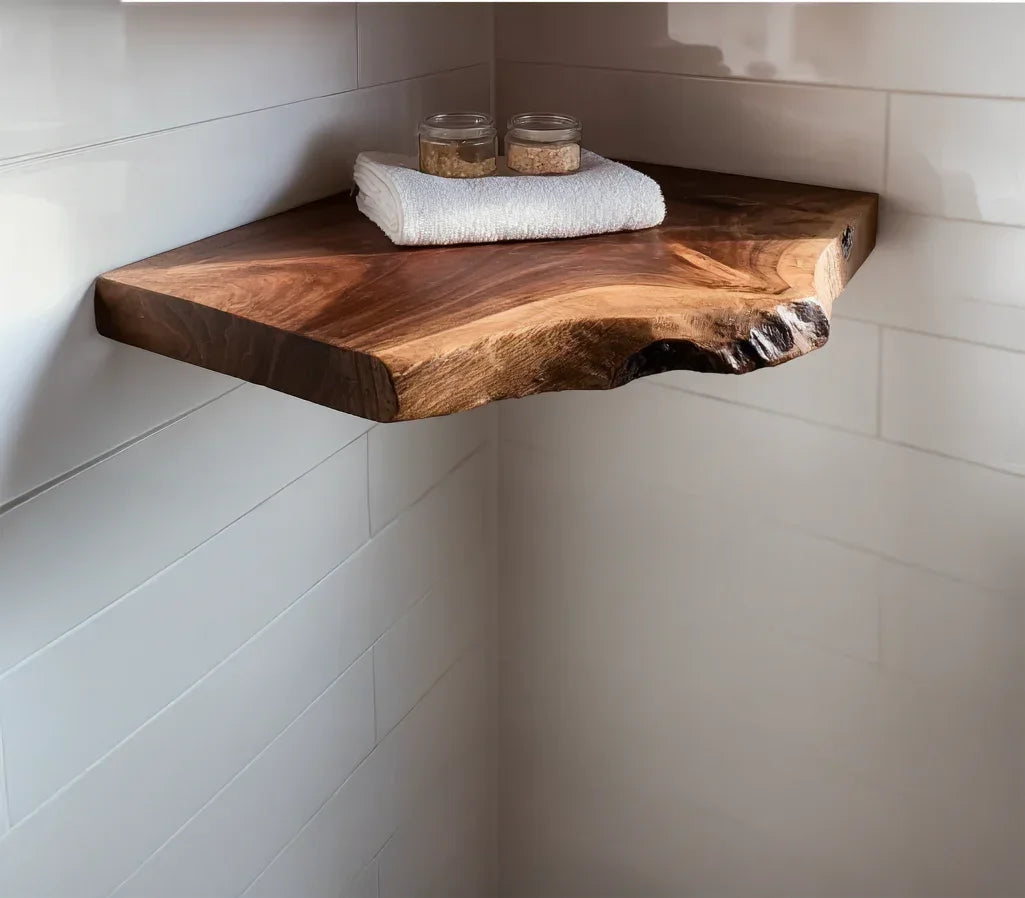 Live edge solid wood corner floating shelf with towel and jars, modern bathroom decor