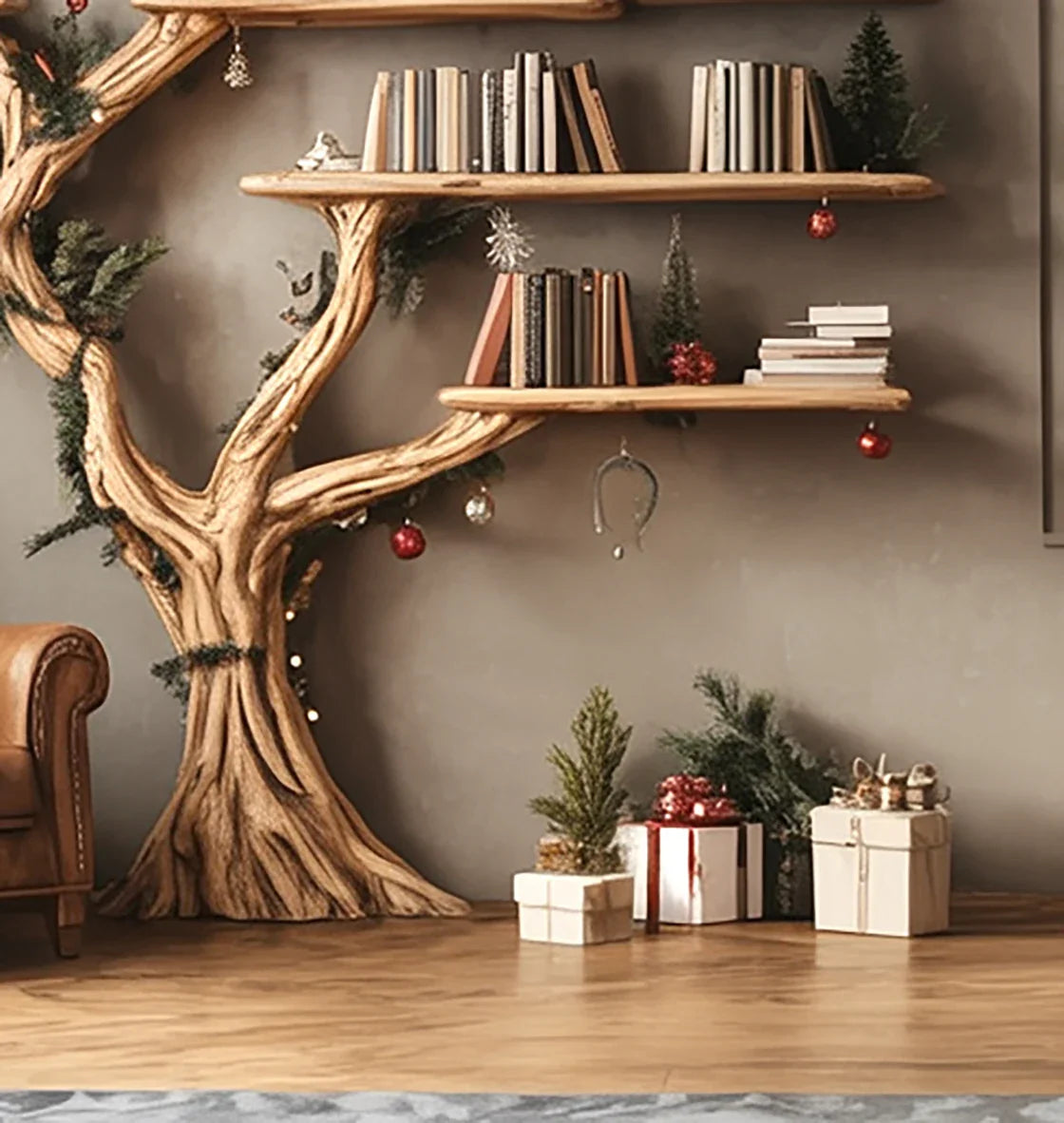 Wooden tree-shaped bookshelf with books, Christmas decorations, and wrapped presents on wooden floor