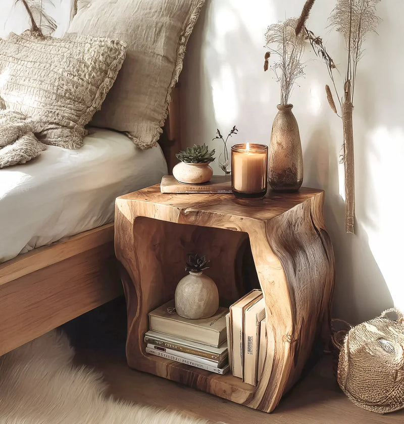 Cozy bedroom corner with natural wood nightstand, beige pillows, lit candle, dried flowers, and books