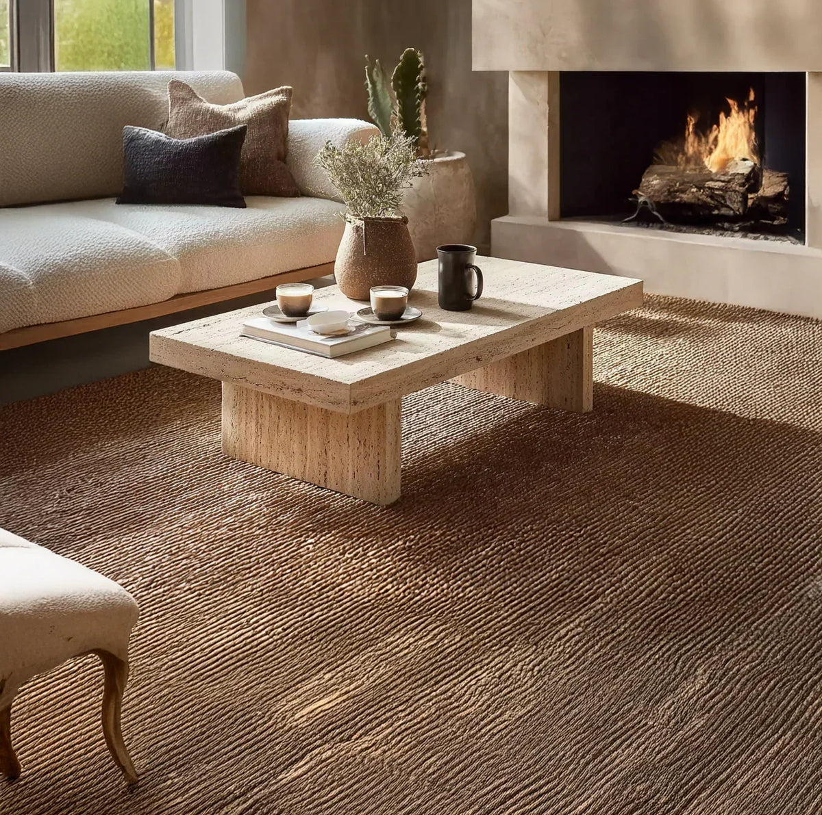 Modern living room with a solid wood coffee table, neutral sofa, fireplace, and cozy decor