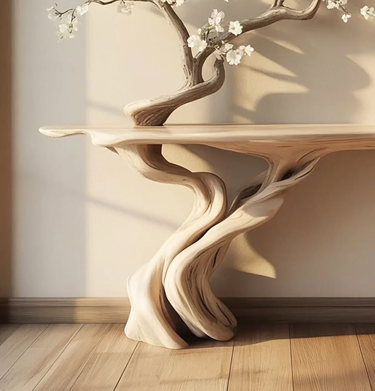 Unique wooden table with twisted roots and cherry blossom branch decor in soft natural light