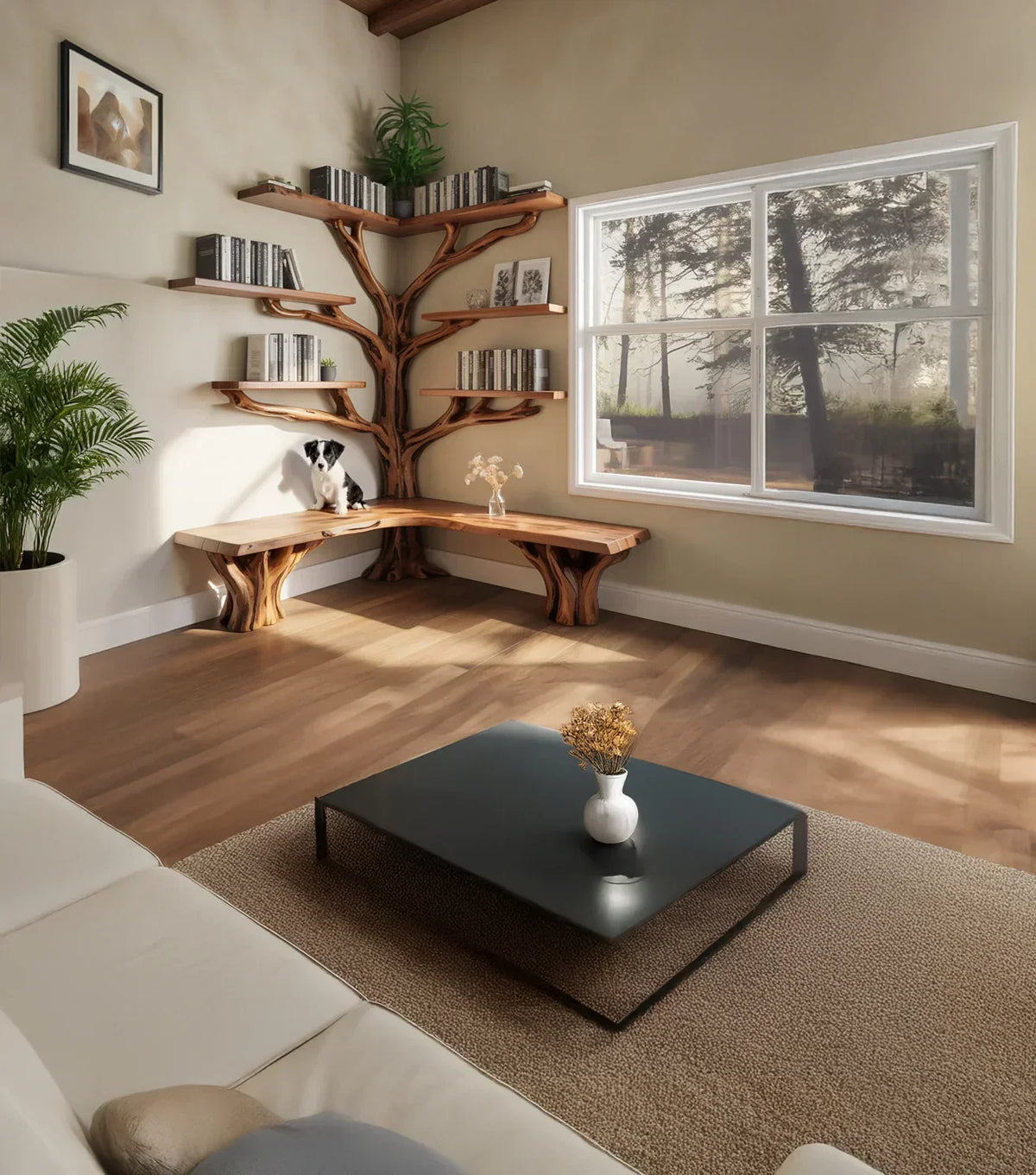 Modern living room with tree-shaped wooden bookshelf, live edge bench, and natural light.