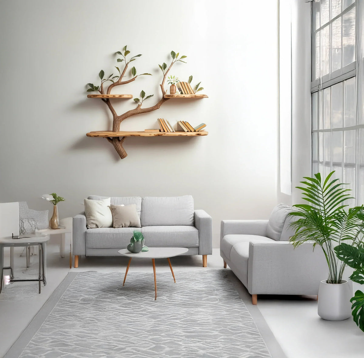 Modern living room with tree-shaped wooden bookshelf, minimalist sofas, and indoor plants