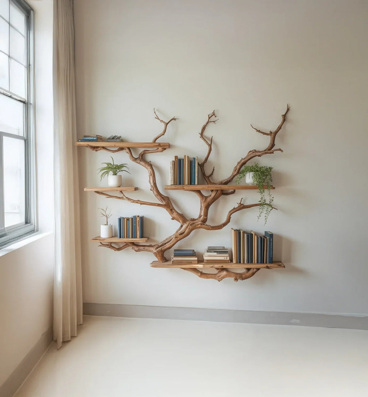 Minimalist room with unique tree-branch wooden bookshelf holding books and potted plants near window