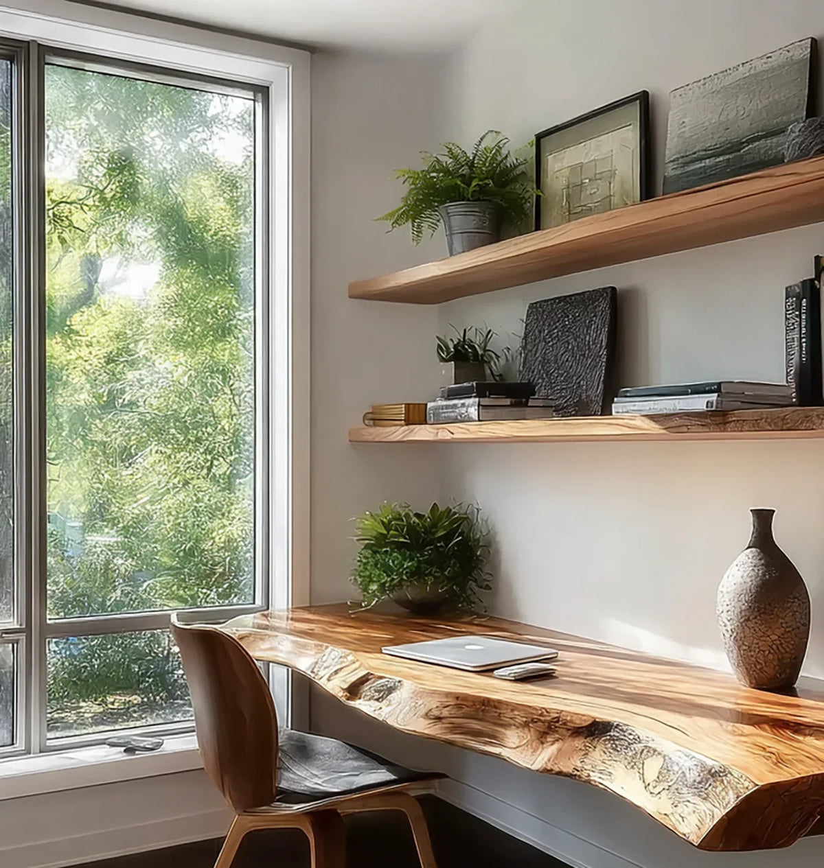 Modern home office with live edge wooden desk, wooden chair, laptop, plants, and floating shelves by large window