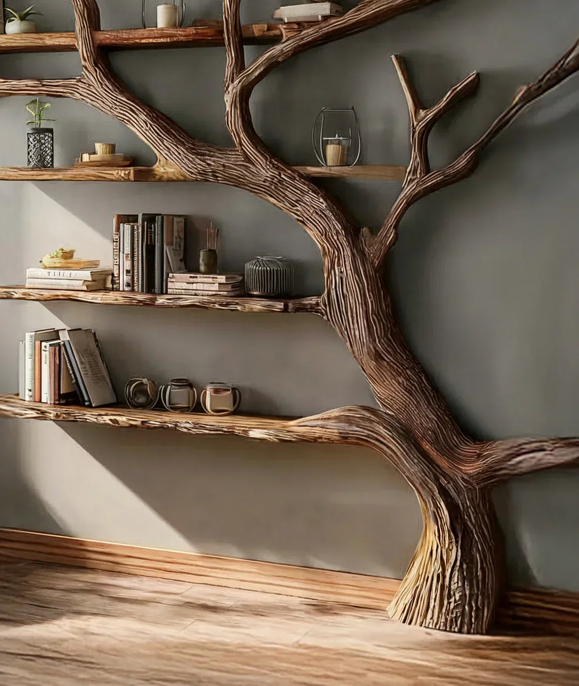 Live edge wooden tree bookshelf against a wall, holding books and decorative items