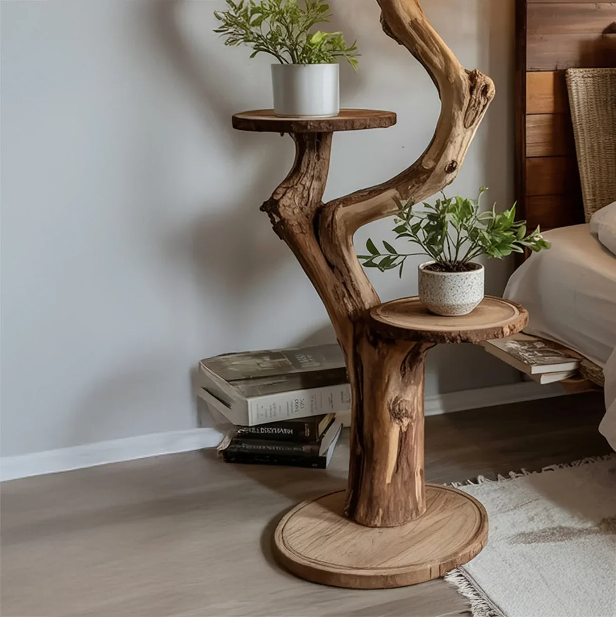 Live edge solid wood tree bookshelf with potted plants in a cozy bedroom corner