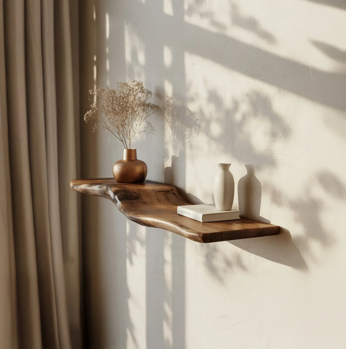 Live edge solid wood floating shelf with vases and book in natural light