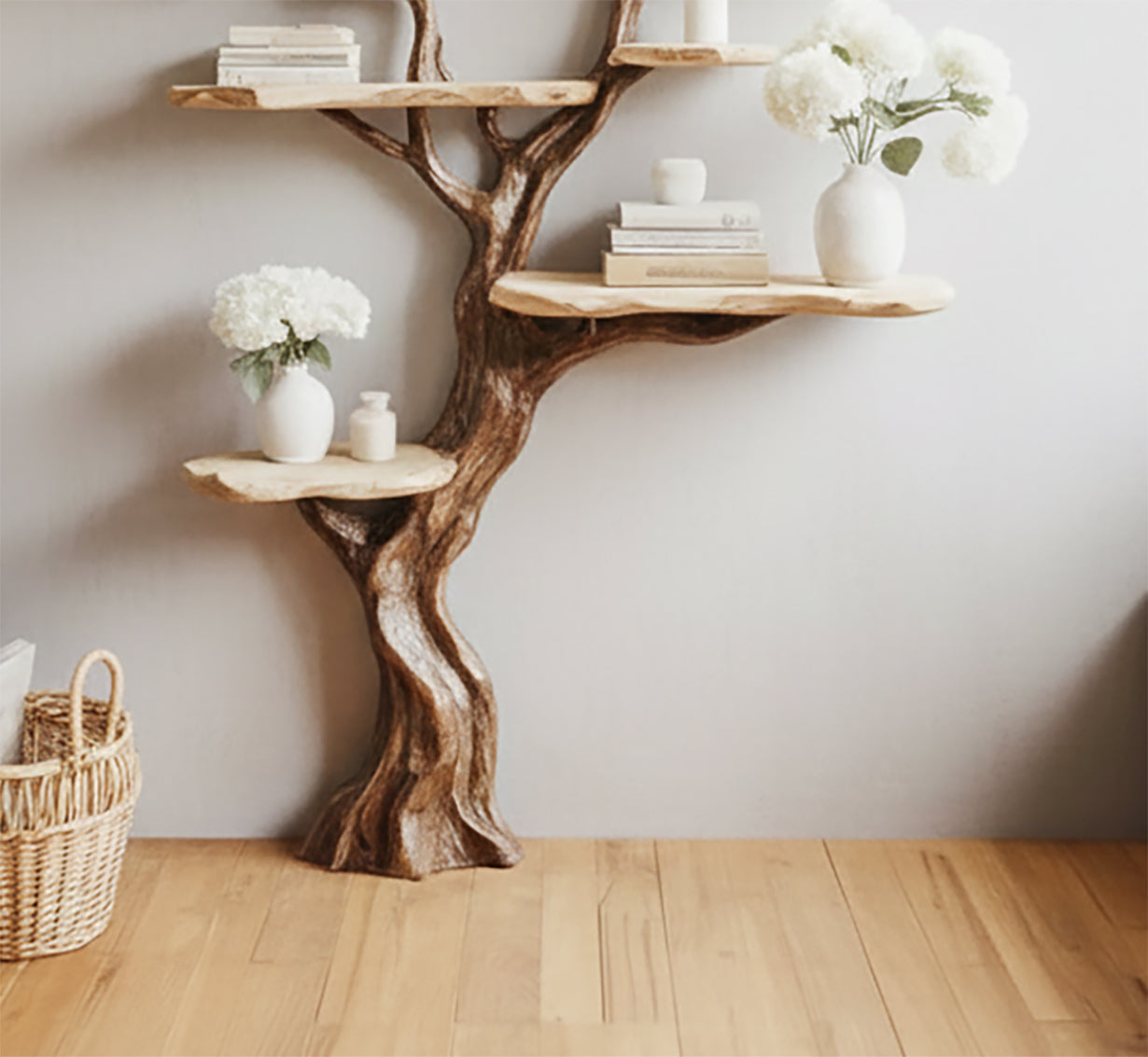 Live edge tree bookshelf with solid wood shelves, decorated with books and white vases of flowers.