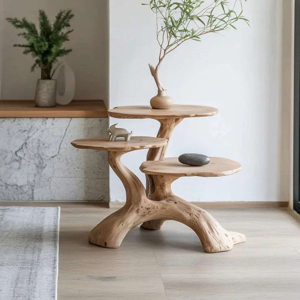 Sustainably crafted live edge solid wood side table with three-tier design in modern room