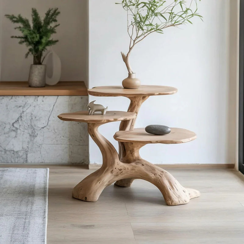 Sustainably crafted live edge solid wood side table with three-tier design in modern room
