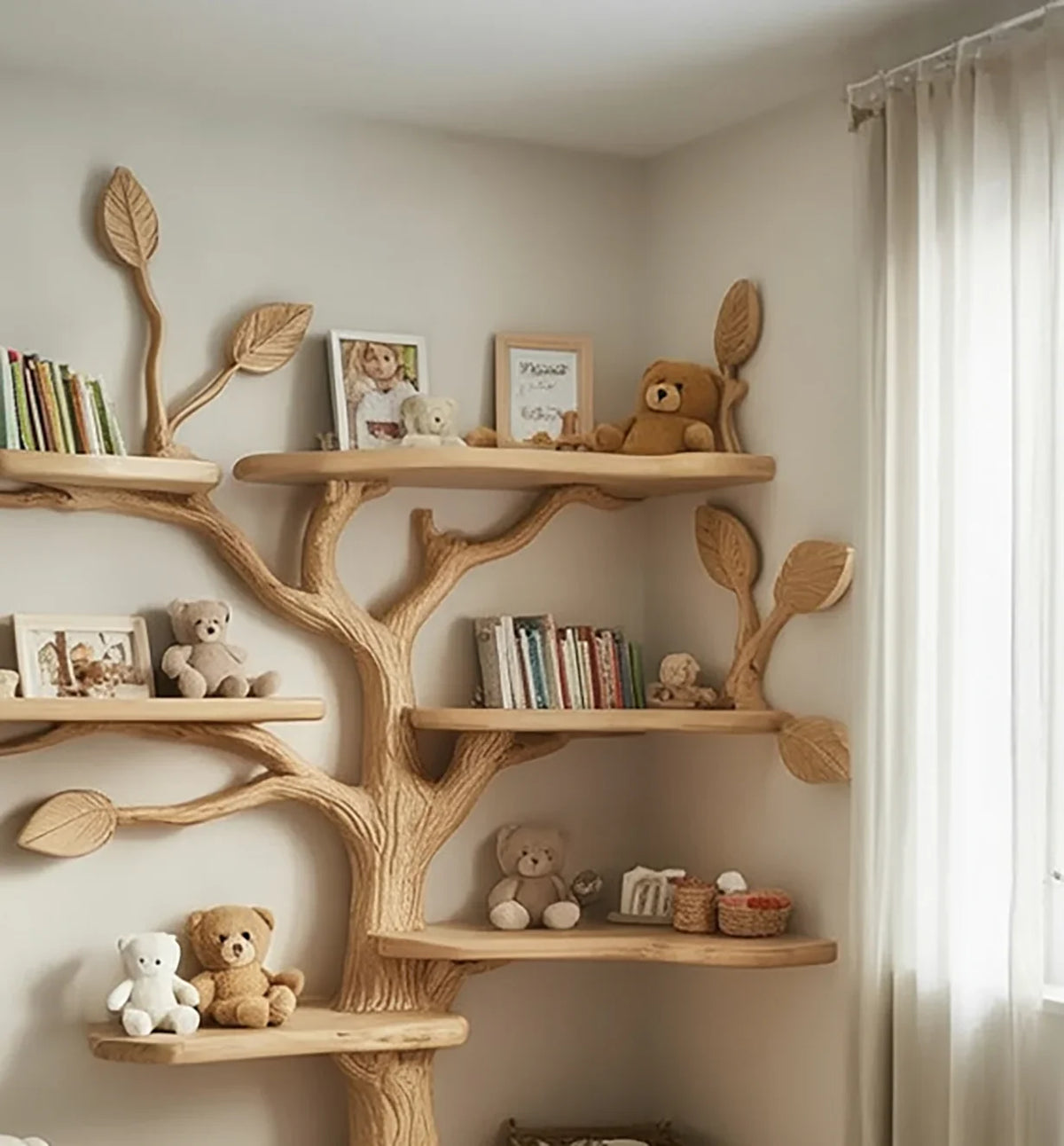 Tree-shaped wooden wall shelves with books, teddy bears, framed photos, and decorative items in a bright room