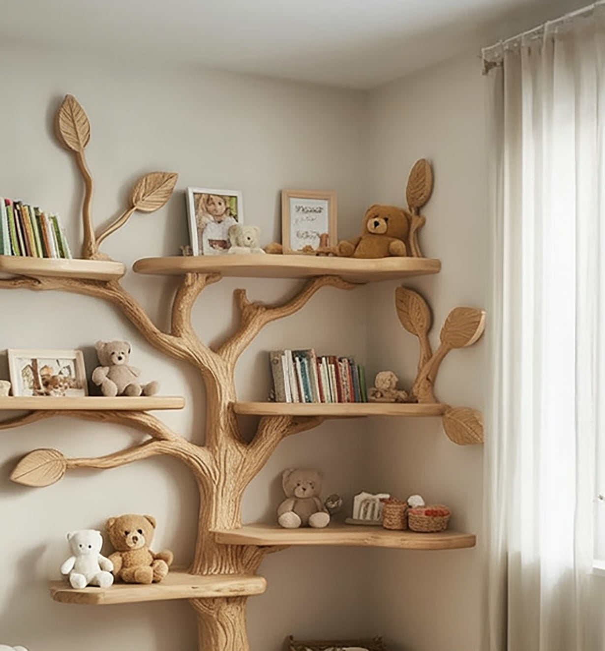 Kids Tree Bookshelf – Natural Wood Tree-Shaped Corner Shelf