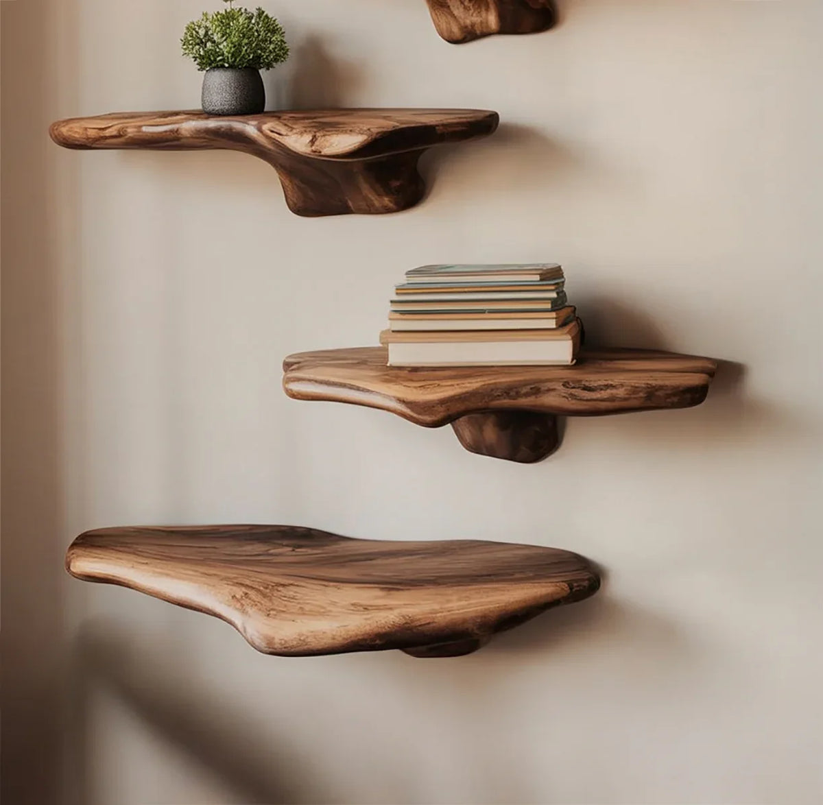 Live edge solid wood floating shelves on wall, featuring books and a small plant.