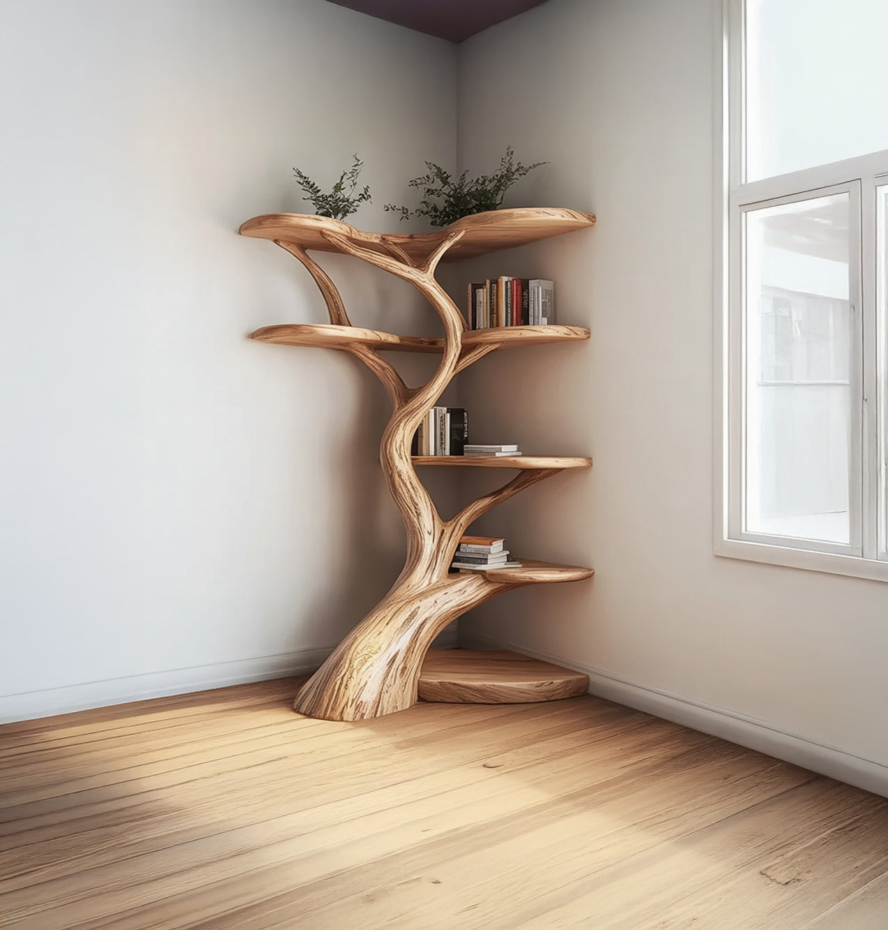 Solid wood tree bookshelf with books and plants in a bright minimalist room