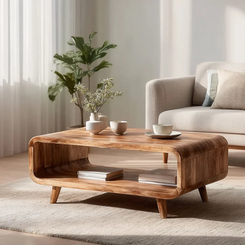 Solid wood coffee table with rounded edges in modern living room, books and ceramics on top