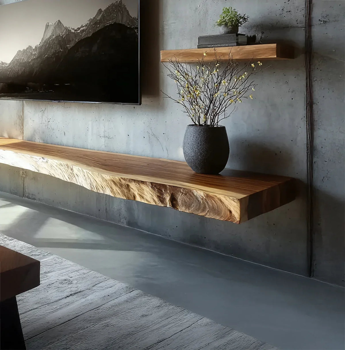 Live edge floating wood shelf with vase on modern concrete wall, minimalist decor