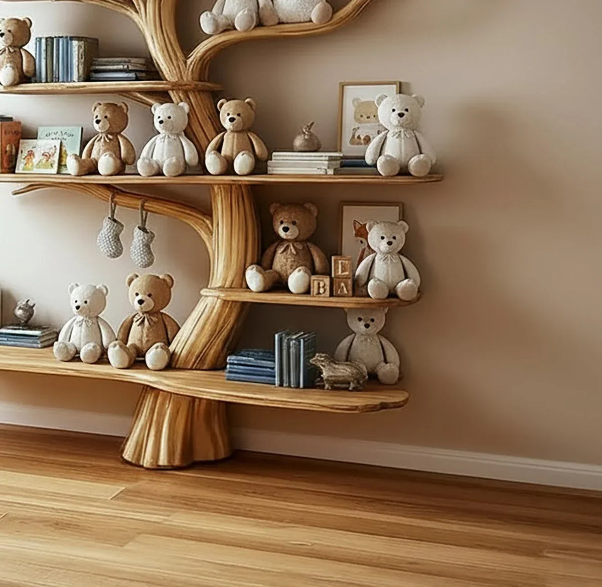 Solid wood tree bookshelf in nursery with teddy bears, children's books, and wooden toys