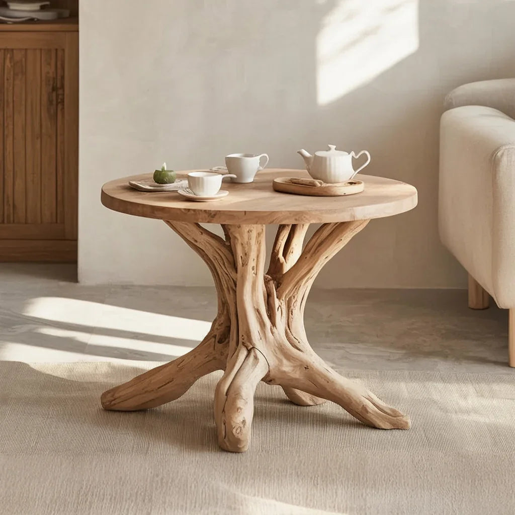 Live edge solid wood round table with tree branch base in a modern living room
