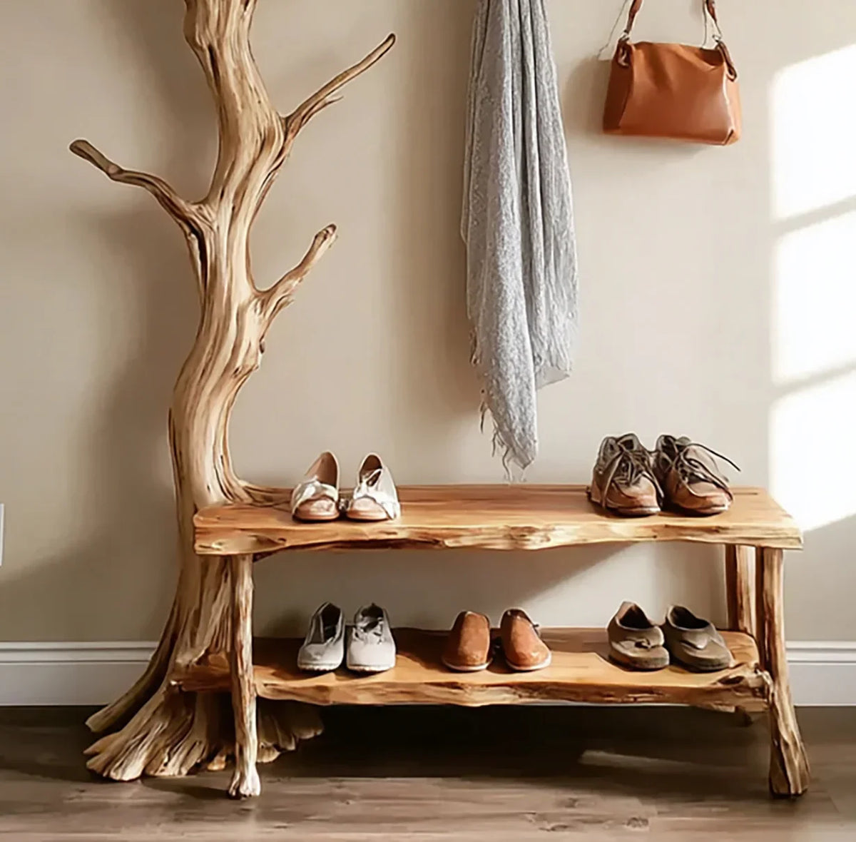 Solid wood live edge shoe rack with tree-shaped coat stand, entryway storage furniture