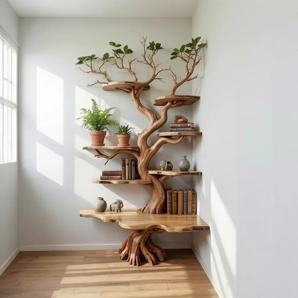 Tree bookshelf with live edge solid wood shelves, houseplants, and books in a bright corner