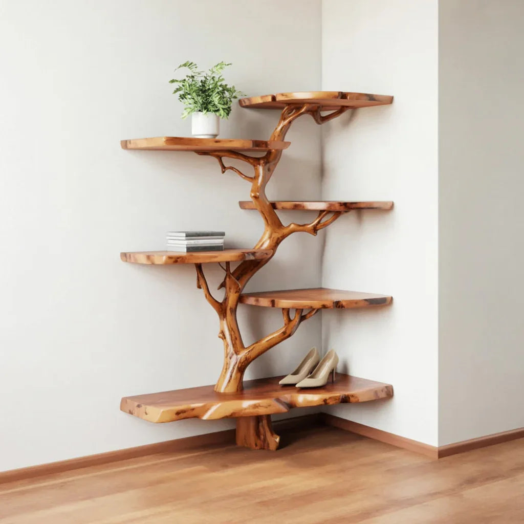 Live edge tree bookshelf with natural wood shelves in a modern corner room, holding books, plant, and shoes.