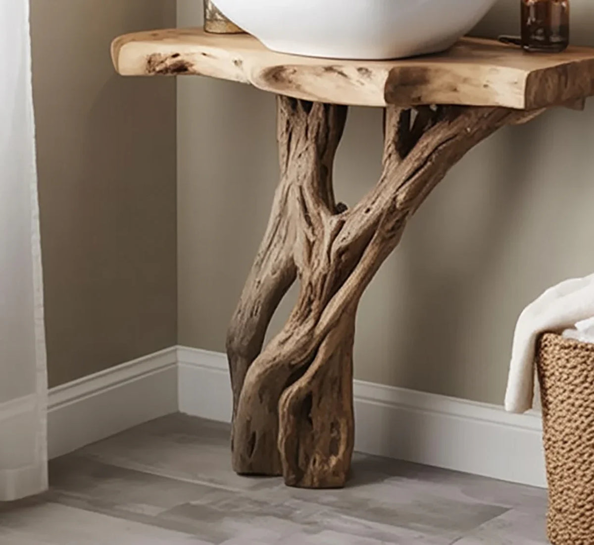 Live edge solid wood console table with natural tree branch legs in a modern room