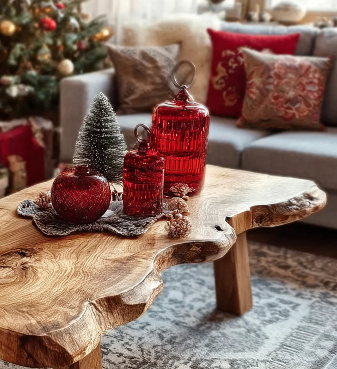 Rustic wooden coffee table with red glass jars and miniature Christmas tree in cozy living room