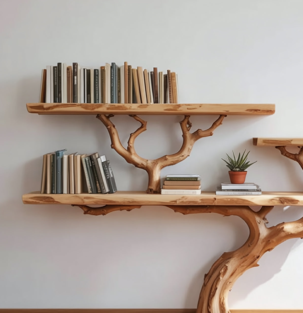 Live edge wood tree bookshelf with books and potted plant against a white wall
